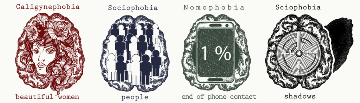 Psychology collection. Caligynephobia, sociophobia, nomophobia, sciophobia. Fear of beautiful women, people, end phone contact, shadows. Psychological vector illustration. Psychiatry art
