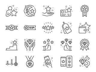 Royalty program line icon set. Included icons as member, VIP, exclusive, diamond, badge, high level and more.