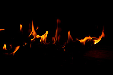 Flame on a wooden pile on a black background.