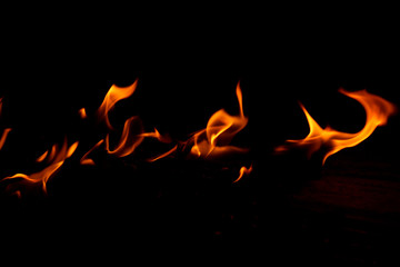 Flame on a wooden pile on a black background.