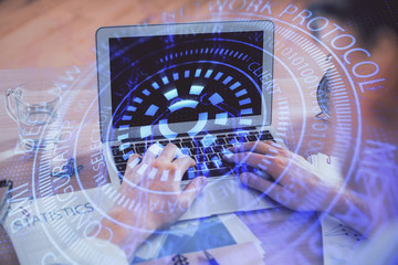 Businessman with computer background with technology theme hologram. Concept of big data. Double...