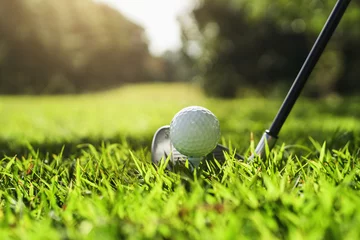 Foto auf Acrylglas closeup golf club and golf ball on green grass wiht sunset © lovelyday12