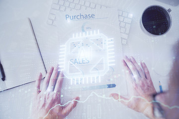 Man hands with data theme double exposure icons.