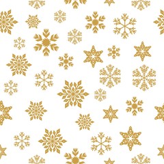 Merry Christmas Gold elements on white background. Seamless graphic pattern made with elements of zentangl and doodle. Wrapping paper illustration