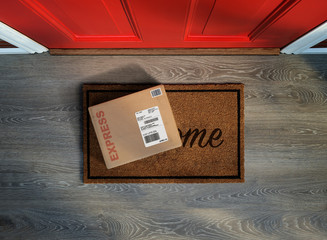 Rush delivery outside the door. Overhead view.