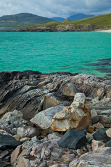 Playa Horgabost contra isla Taransay. Horgabost Beach nearby Taransay Island. South Harris Island....