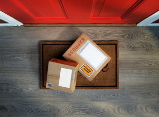Express delivery box  outside front door. Overhead view. Add your own copy and label