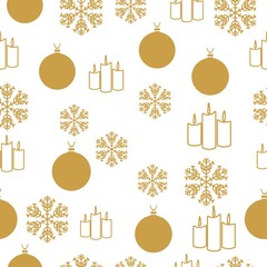 Merry Christmas Gold elements on white background. Seamless graphic pattern made with elements of zentangl and doodle. Wrapping paper illustration