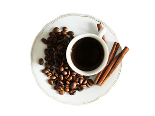 Coffee cup and coffee beans on wooden background. Top view isolated on white background.