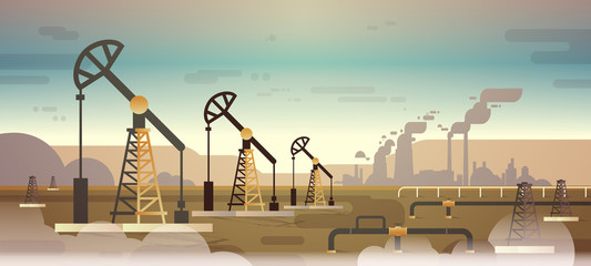 oil pump rig energy industrial zone oil drilling fossil fuels production nature pollution dirty waste polluted environment concept mountains sunset background flat horizontal © mast3r