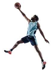 one afro-american african basketball player man isolated in silhouette shadow on white background - 280906493