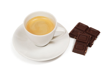 Cup of coffee and piece of chocolate on white background, isolated