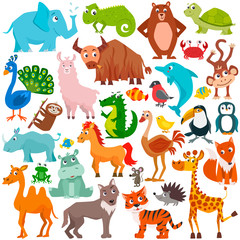 Naklejka premium Big set of cute cartoon animals. Vector illustration.