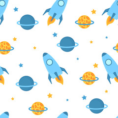 Rockets fly in space with planets and stars seamless pattern