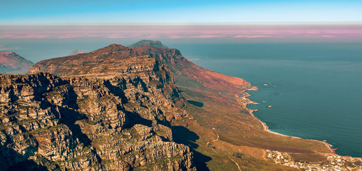 Cape Town, South Africa coastline from above on a smoky day