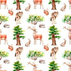 watercolor forest seamless pattern with animals and plants