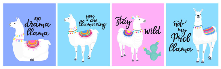 A set of cards with llamas and funny inscriptions. Can be used for posters, for t-shirt printing. © LiluArt