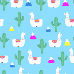 Llama and cactus. Mountains. Funny alpaca cartoon character. Seamless pattern for nursery, textile, kids apparel.