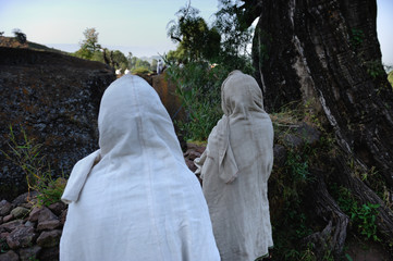 Pilgrims at at monolithic rock-hewn church, Lalibela, Ethiopia. UNESCO World Heritage site.