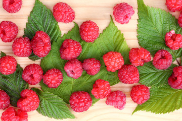 Raspberry closeup, top view. Berries and leaves