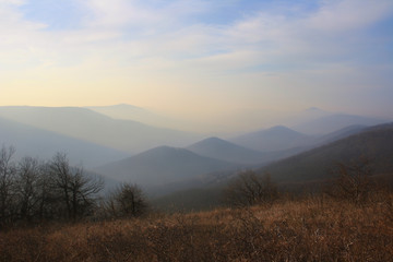 Fototapeta na wymiar Early evening, sunset in the mountains of the North Caucasus