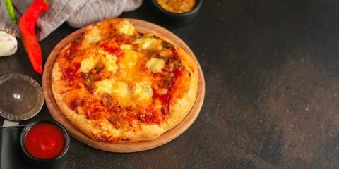 pizza with different types of cheese (tomato sauce and other ingredients, snack). top food background. copy space