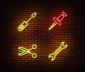 Neon screwdriver, pin, scissors, wrench signs vector isolated on brick wall. Neon work tools light s