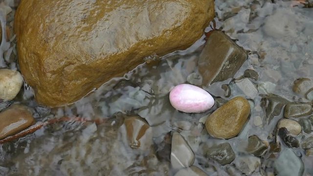 Rose quartz crystal yoni egg lying on the stones of mountains river in the water. Women's health, unity with nature concepts