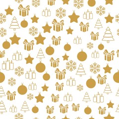 Merry Christmas Gold elements on white background. Seamless graphic pattern made with elements of zentangl and doodle. Wrapping paper illustration