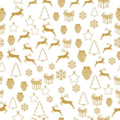 Merry Christmas Gold elements on white background. Seamless graphic pattern made with elements of zentangl and doodle. Wrapping paper illustration