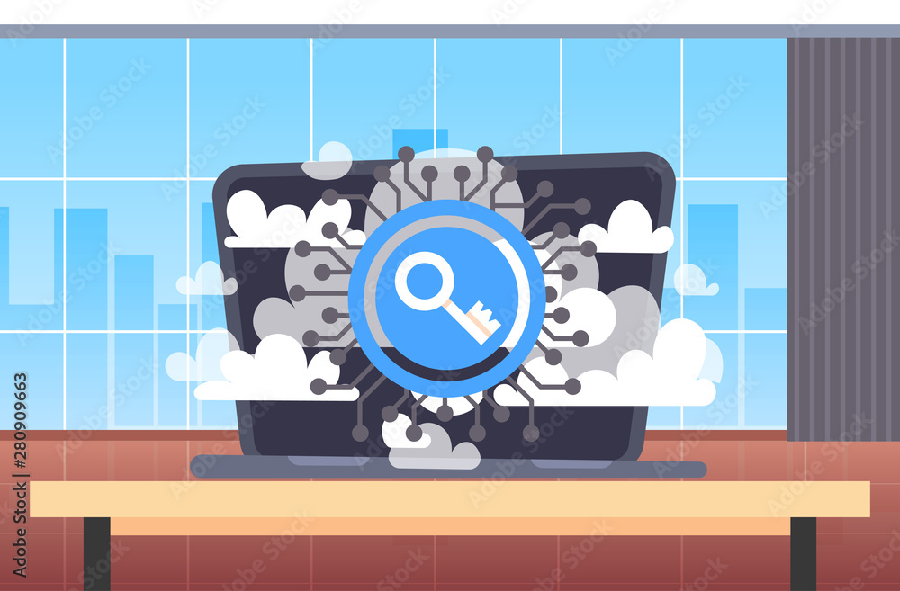 Aufkleber laptop on workplace desk data protection privacy online virtual cloud internet information network s
