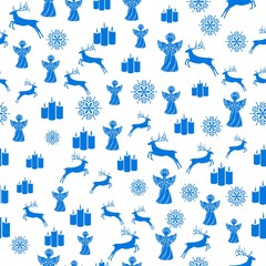 Merry Christmas Blue elements on white background. Seamless graphic pattern made with elements of zentangl and doodle. Wrapping paper illustration