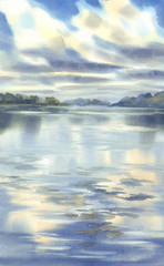 Obraz premium Clouds over the lake watercolor background. Summer landscape