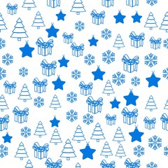 Fototapeta na wymiar Merry Christmas Blue elements on white background. Seamless graphic pattern made with elements of zentangl and doodle. Wrapping paper illustration