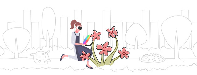 woman wearing 3d glasses holding controller painter with color palette drawing flower experiencing virtual reality through headset augmented technology concept sketch doodle horizontal full length