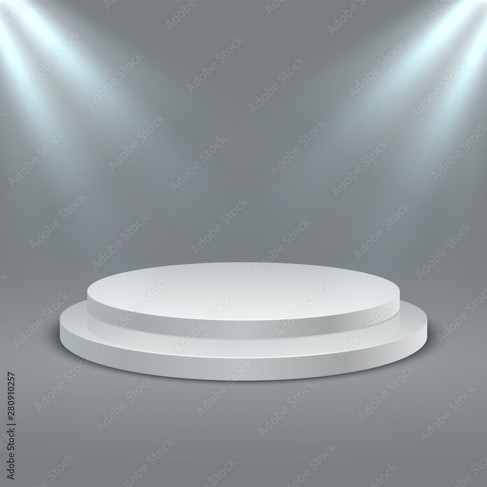 Aufkleber Round illuminated podium. Empty stage podium scene with lighting. Vector 3D two-stage platform for award champion winning on gray background