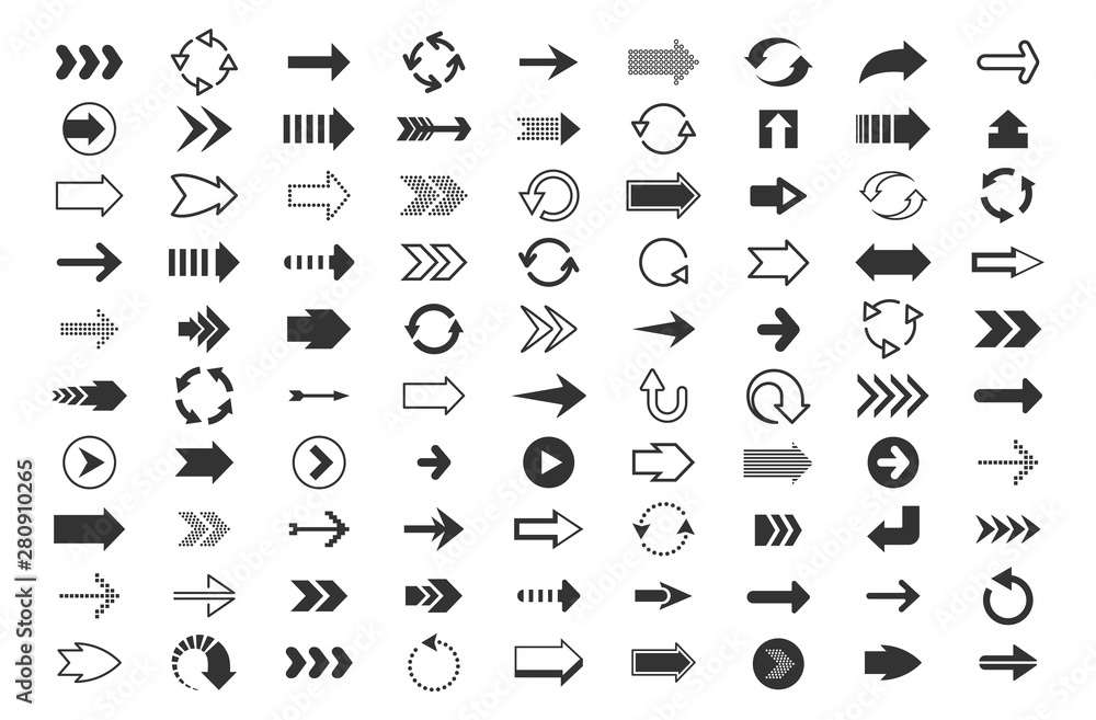 Poster Black arrows big set. Direction pointers, up down left right signs of dots shapes and strokes, linear icon cursor pixel next arrow sign. Vector direction motion