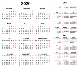 Simple editable vector calendars for year 2020 2021 2022 mondays first, sundays in red