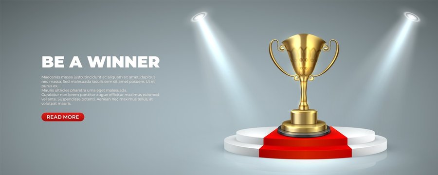 Business or sport award on Illuminated podium. Cup prize trophy on round stages with red carpet winner for victory. Vector illustration lighting scene on gray background