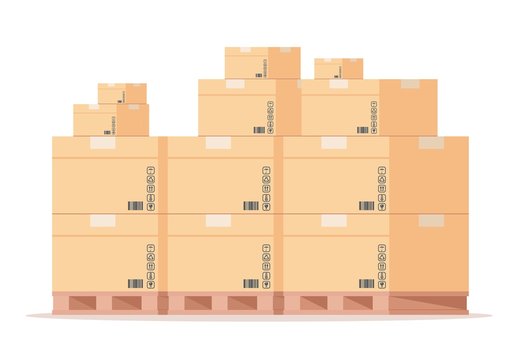 Carton box pallet. Flat warehouse cardboard packages stack, front view shipping parcels on storage. Vector isolated wooden pallets for fragile store parcels
