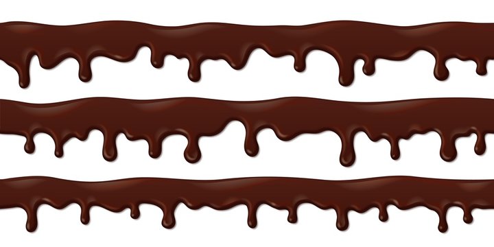 Realistic liquid chocolate. Melted 3D frame of dripping cocoa drink. Vector melting dark chocolate waves isolated on white background
