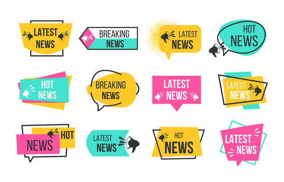 News badges. Newspaper and magazine braking latest and hot news stickers. Vector announcement geometric concept banners headline flat image