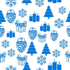 Fototapeta na wymiar Merry Christmas Blue elements on white background. Seamless graphic pattern made with elements of zentangl and doodle. Wrapping paper illustration