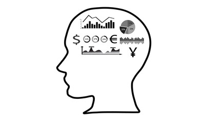 Human brain containing analytical charts and money symbols, copy space.