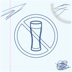 No alcohol line sketch icon isolated on white background. Prohibiting alcohol beverages. Forbidden symbol with beer bottle glass. Vector Illustration