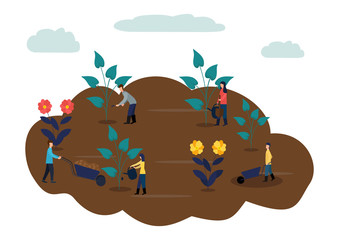 Agricultural work, people plant crops, water the crops, care for plants. Vector illustration in flat style.
