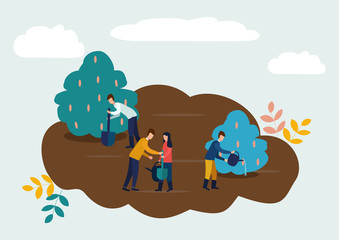 Agricultural work, people plant crops, water the crops, care for plants. Vector illustration in flat style.