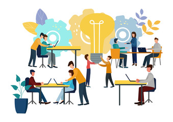 Vector illustration, online assistant at work. Promotion in the network. People are looking for new ideas, working together in a company.