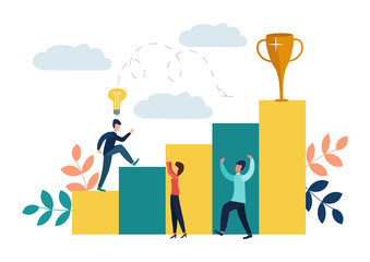 Vector illustration, people run and go to their goal on the stairs, raise motivation, the way to achieve the goal.