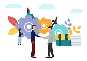 Vector illustration on white background. Business transfers a successful team. Financing of creative projects. Business handshake